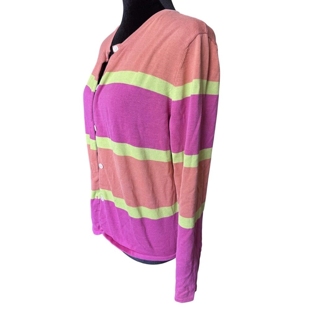 Flawed Vintage Silk Blend Cardigan Pink Peach Coral Lime Striped‎ Kidcore 14 - Picture 2 of 5
